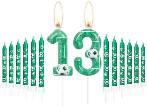 Geburtstag Zahl Kerzen 13, Fußball Geburtstag Zahlenkerzen, Grün Zahlenkuchen Kerzen mit 12 Verlängerungsstäben, Party Dekorationen für Unvergessliche Feiern