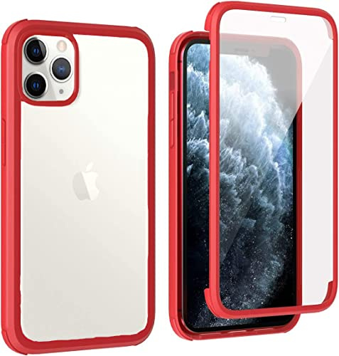 Leedia 360 Grad Schutzhülle Kompatibel mit iPhone 11 Pro Hülle Ganzkörper Eingebautem Glas Displayschutz Stoßfest Case Transparent Clear Handyhülle für iPhone 11 Pro 5.8 Rot