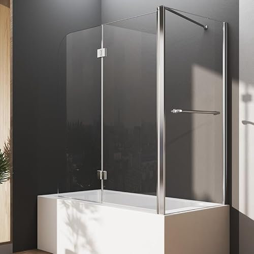 HY-RWML Duschwand für Badewannen mit Seitenwand, 100 x 140 x 80 cm Duschwand für Badewannen 2-teilig faltbar Duschabtrennung für Wanne 6mm ESG Sicherheitsglas NANO Glas