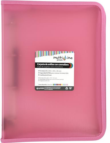 Grafoplás Raccoglitore ad anelli con cerniera A4+, rosa chiaro, Multiline, 4 anelli misti 25 mm, copertina in polipropilene a righe verticali, capacità extra per fogli di carta formato foglio