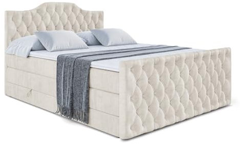 ALTDECOR Boxspringbett mit Matratze und Lattenrost, Topper, Fußteil,Polsterbett mit Bettkasten, Bett mit Stauraum H3- und H4- Matratze, Doppelbett - VILA-1-Z King - 140x200 - Beige Samt