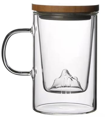 FIYSON Glas Teetasse mit Holz-Deckel und Sieb, 350 Thermo-Glas, Doppelwandig Teetasse für Losen Tee Oder Beutel Teeglas, für liefern Familie Freunde Geschenk, Spülmaschinengeeignet (S)