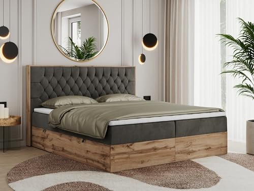 MKS MEBLE Boxspringbett 180x200 Mit Bettkasten Eiche, Polsterbett Mit Matratze H3, Kopfteil, Holzrahmen in Wotan Eiche - Dunkelgrau Velvet - Amore