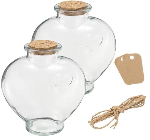 sourcing map 2 Pcs 12 oz/400ML Heart Shaped Glass Jars With Cork Stoppers, Clear Message Wishing Bottle with Twine and Blank Tags for Halloween Decorations, Wedding Shower Favors