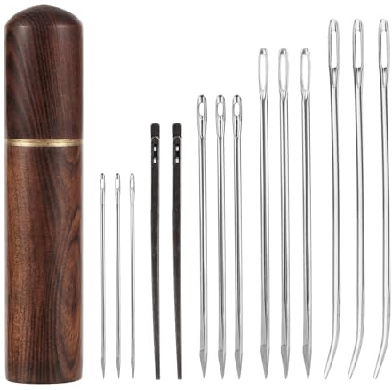 15pz Kit Aghi da Cucito per Pelle, Ago per Cucire a Mano con Cruna Grande Acciaio Ago per Arazzo Piegato Resistente Ago per Allacciatura in Pelle con Custodia Legno per Artigianato Fai-Da-Te