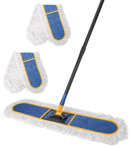 24 Commercial Dust Mop for Floor Cleaning,Heavy Duty Floor Duster with 2 Cotton Reusable Mop Pads,59” Long Handle Wet Dry Flat Mop for Hardwood Floors,Marble, Laminate,Tile,Concrete,Garage (Blue)