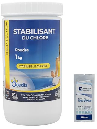 OCEDIS STABILISANT du Chlore Poudre - 1kg | Stabilisant - Stabilisateur du Chlore + 10 Tests HPS OFFERTS 6 en 1