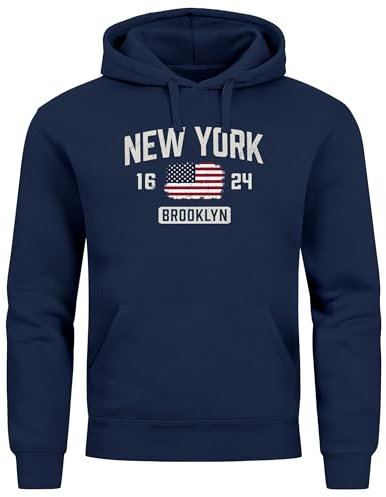 Neverless® Hoodie Herren New York Brooklyn Print USA Flagge Kapuzenpulli Männer Fashion Streetstyle Navy 3XL