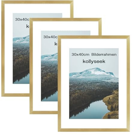 Kollyseek Juego de 3 marcos de fotos de 30 x 40 cm y cristal acrílico dorado, para colgar y colocar, marcos decorativos modernos