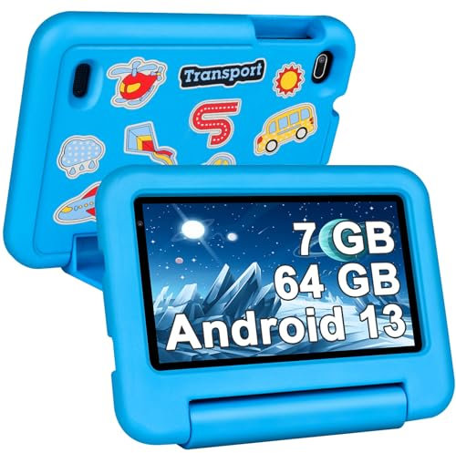 SEBBE Tablet Niños,Kids Tablet 7 Pulgadas 7GB RAM+64GB ROM+TF 1TB,Control Parental | Educación Infantil+Juegos | Cámara Dual | Bluetooth 5.0 | 1024 * 600,con Funda EVA Azul