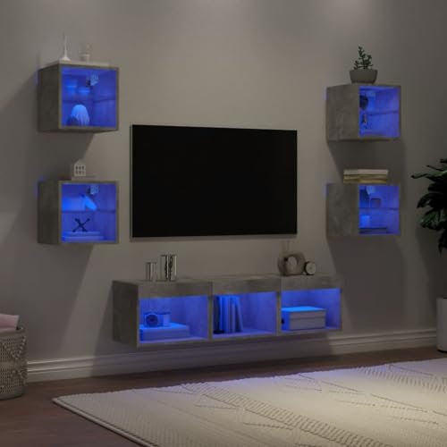 TV Hängeschrank Set 7-teilig, aus Holzwerkstoff, mit RGB-LED Beleuchtung, Wandregale zur Aufbewahrung, für Wohnzimmer Medienwand, zur Wandmontage, Beton-Grau