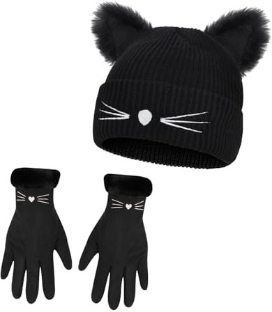 3 Pcs Cat Ears Beanie Hat and Warm Gloves Set Cat Ears Knitted Hat Embroidered Woolen Hat Cat Hat Crochet Hats for Women Knitted Winter Cat Hat Unisex Skull Cap for Girls Ladies(Black)