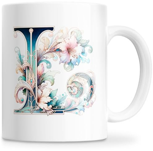 Cheerset Tasse avec Lettre et Initiale – Tasse à Café Alphabet Personnalisé avec Motif Floral – Tasse Personnalisé Mug Cadeau pour Femme, Maman, Dame, Amie – Cadeau Anniversaire, Fête des Mères (L)