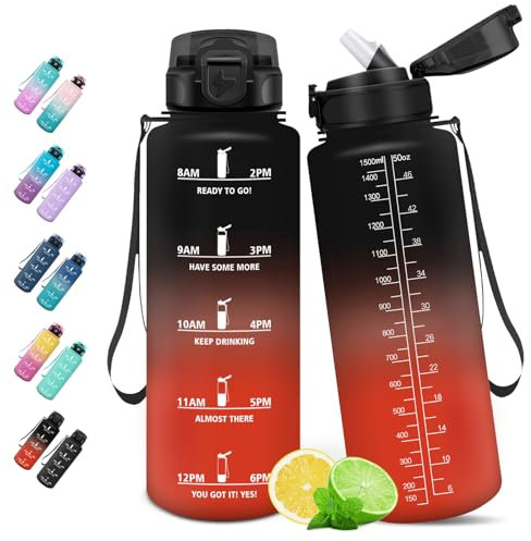 HoneyHolly Gourde, 1.5L Bouteille, Gourde Sport avec Paille, Gourde Motivation avec Marqueur de Temps, Bouteille d'eau, Étanche, Bouteille d'eau pour Randonnée, Camping, Fitness, Cyclisme
