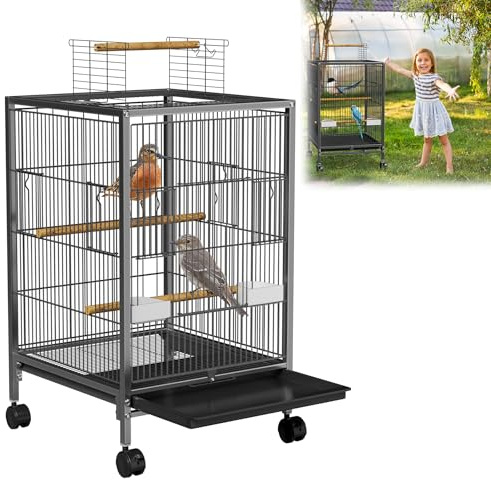 ORHEYA Vogelkäfig mit Rollen – Vogelvoliere für Wellensittiche, Papageien und Sittiche – Wellensittichkäfig inkl. Holzstangen und Futternäpfe, Vogelhaus Typ D