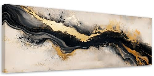 Feeby Leinwand Bilder - Bild Wohnzimmer - Abstrakt Beige Schwarz Gold - 120x40 1tlg - Deko Schlafzimmer Groß - Dekoration Canvas - Gemälde - Modern Wandbilder - Kunstdruck