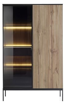 Vente-unique-Vitrinenschrank - 2 Türen & 1 Schublade - mit LED-Beleuchtung - MDF & Rauchglas - Schwarz & Holzfarben - Ovila