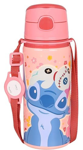 sarcia.eu DISNEY Stitch BOUTEILLE THERMIQUE en aluminium, embout buccal, BOUTEILLE D'EAU avec bandoulière, pour filles 600ml