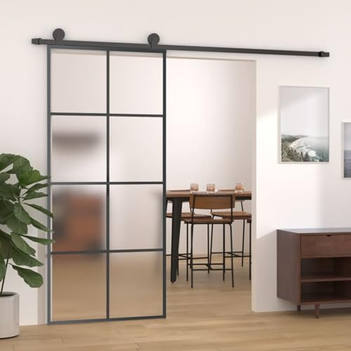 Gecheer Porta Scorrevole in Vetro ESG e Alluminio 90x205 cm Nera,Porta del Granaio,Porte Sorrevoli,Porta Scorrevole,Porta Scorrevole Interna,P288065
