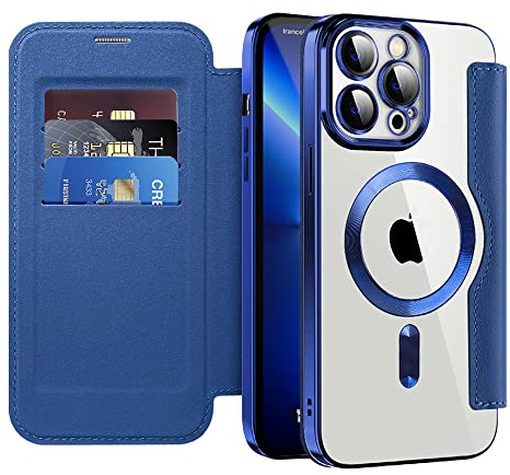 QIWEIQING Case for iPhone 13 Pro with Card Holder. Blue JDC | Compatible with MagSafe, RFID Blocking, Shockproof, Premium Leather Flip Wallet Cover, Magnetic Clear Silicone Back
