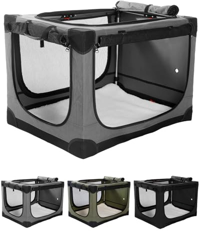 derimkcoa Collapsible Travel Dog Crate for Medium Large Dogs, Portable Dog Crate 4-Door Foldable Soft Kennel with Chew-Proof Mesh Windows for Indoor & Outdoor Travel,with Storage Bag,60*42*42cm,Grey