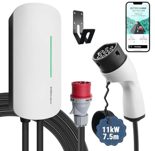 EVSEdesigner Typ 2 Wallbox mit APP 11kW Smart EV Ladegerät 400V 6–16 A 7,5m Kabel, Effiziente Ladestation für Zuhause CEE 3-Phasen Stecker für EVs & PHEV, RCD Typ-A+6mA & IP66