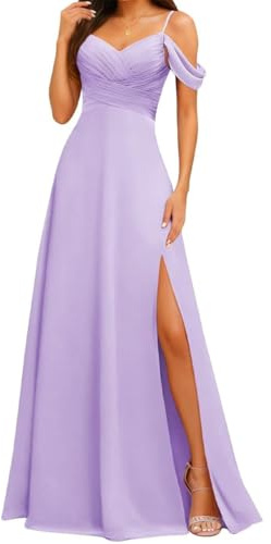 Robes de demoiselle d'honneur à épaules dénudées pour mariage à bretelles spaghetti en mousseline de soie formelle robe de soirée maxi avec fente AH179, lilas, 46