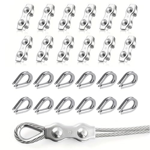 24 Stück Drahtseilklemmen, 304 Edelstahl Duplex Klemme - uplex klemme 4mm und kauschen 4mm für Stahlseil Seil Takelage, Wäscheleine, Markise (M4)