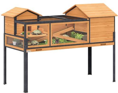 PawHut Schildkrötenhaus Holz mit 2 Haupthäusern 2 Etagen 128x63x96cm Gelb | Schildkrötengehege mit Sichtfenster, Aufklappbarer Deckel, Erhöhter Reptilienkäfig, für Schildkröten, Küken, Meerschweinchen