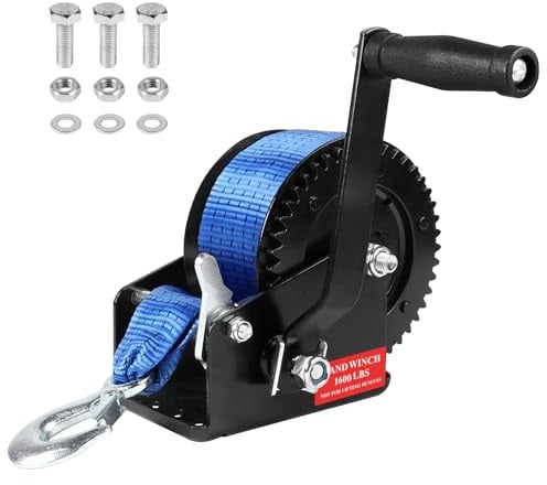 EXLECO Handseilwinde 1080kg Seilwinde 4:1, 10m Polyester Gurt mit Haken | Bootswinde 2-Wege-Ratsche Gurtwinde Manuelle Winde, Handwinde für Anhänger LKW Werkstatt Garage Dinghi Boot Holz, Blau