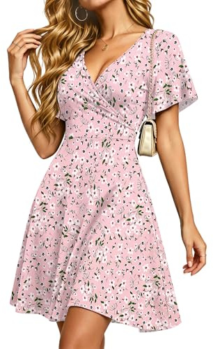 PLMOKEN Robes d'été croisées pour Femme à Manches à Volants et Poches | Robes d'été courtes à col en V pour la plage Robe d'invitée de mariage à taille empire soirée vacances