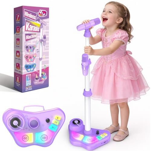 Dislocati Microfono per Bambini con Supporto Regolabile, 2 Microfoni con Luci LED, Altoparlante Portatile con Luci Sfarfallanti, Giocattolo Musicale per Bambina Bambino 3+ Anni (Viola)