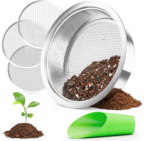 johgee Colador de jardín 3 en 1 de acero inoxidable resistente a la intemperie, con 3 tamices intercambiables de 1,3,5 mm de diámetro + pala para piedras de tierra compost, arena, etc. 24,5 cm redondo