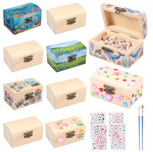Schatztruhe Kindergeburtstag Holz mit 2 Pinseln 4 Stickern 10er 9x5,5x5cm | Kleine Holzkiste mit Deckel Schloss Schatzkiste Kindergeburtstag DIY für Bastelkurse Familienbastelarbeiten