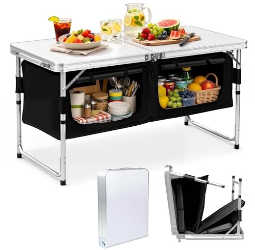 Daromigo Mobile Campingküche faltbar, 120x47cm – 3-stufig höhenverstellbar, Ultraleichter Campingschrank (6,3kg) mit Rollabdeckung & 2 Fächern, Stabile Faltküche für Wohnmobil & Zelt