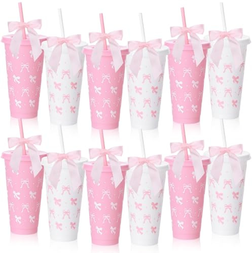12Pcs Pink Bow Plastic Cups with Lid Straw 24 OZ White Reusable for Women | 2 Design Tumbler Cup Pink White Coquette Party Decor Drinking Cup Coffee Juice Wedding Birthday Bridal Shower Sleepover Party