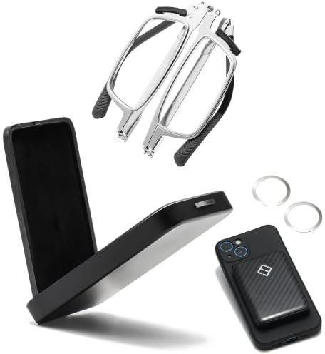 Hubeye Foldable Metal Reading Glasses Unisex Magnetic Adsorption with Metal Storage Box Anti Blue Light Compact Portable Readers Attach to Phone Back for Office Home Travel