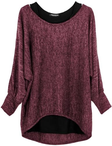 Emma & Giovanni - Damen Oversize Oberteile Tshirt/Pullover (2 Stück) / Made In Italy, L-XL, Bordeaux