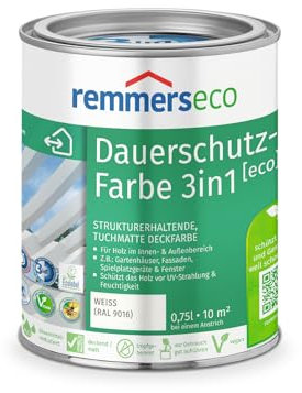 Remmers Vernice ad olio eco bianc (RAL 9016), 0,75 litri, pittura ecologica a base d'acqua per legno all'interno e all'esterno, 3 vernici ecologiche in uno, fondo isolante e intermedio e finitura