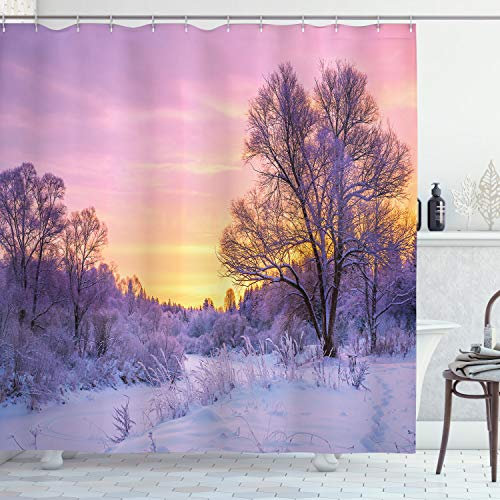 ABAKUHAUS Winter Duschvorhang, Landschaft mit Sonnenuntergang, Stoffliches Gewebe Badezimmerdekorationsset mit Haken, 175 x 200 cm, Rosa Weiß