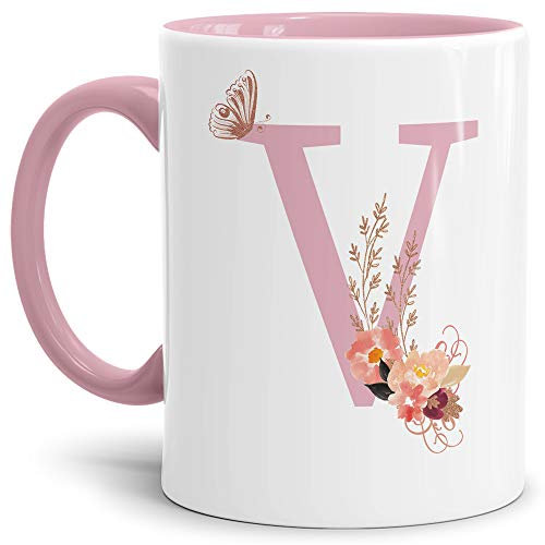 Tassendruck Buchstaben-Tasse mit Blumen - Buchstabe V - Innen & Henkel Rosa - Mug/Cup/Becher/Edel/Geschenk-Idee/Beste Qualität - 25 Jahre Erfahrung