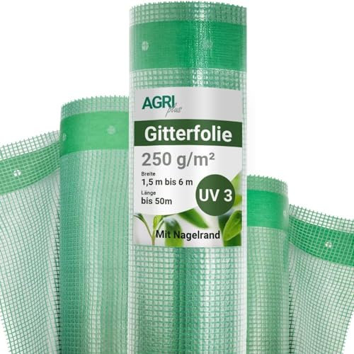 AGRI plus Gitterfolie 1,5 m breit - Länge wählbar I Stabile 250 g/m² Gewebeplane mit Nagelrand I Transparente Gartenfolie für langfristige Abdeckungen I Wetterfest & 3 Jahre UV-beständig
