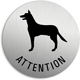Türschild - Achtung an Hund | Ø 75 mm Aluminium gebürstet Edelstahloptik | Selbstklebend Nr. 39026-S