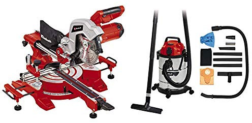Einhell Scie à onglet radiale TC-SM 216 (1600 W, extensions latérales, blocage d’arbre «Spindle-Lock», avec lame aux carbures de tungstène) VERSION KIT avec Aspirateur Eaux et Poussières TC-VC 1820 SA