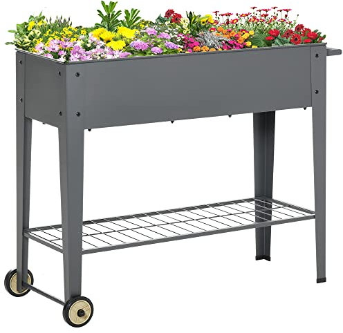 Outsunny Letto per orto da Esterno Rialzata in Metallo,Portapiante Fioriera con Mensola, 2 Ruote e Maniglia, Grigio, 104x39x80cm