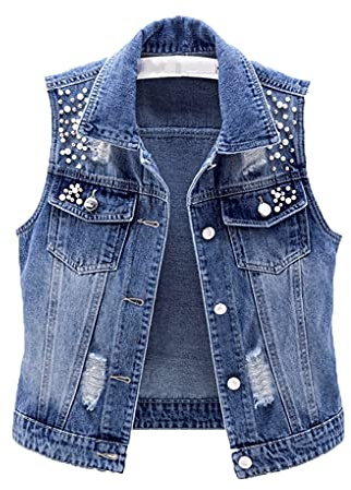 Yiwjby Chaleco Sin Mangas Para Mujer Chaleco De Mezclilla De Verano Moda Casual Chaqueta De Jeans Cortos Agujeros Con Cuentas Abrigo De Jeans Delgado Blue XXL