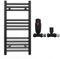 350mm Wide Straight Black Heated Bathroom Towel Rail Radiator With Valves For Central Heating UK (With Black Straight TRV Valves, 350 x 700mm (h))