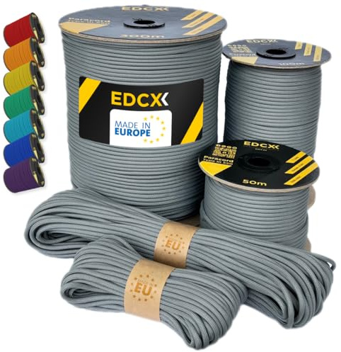 EdcX Paracord 550 4mm, 35+ Solid Colors (10m, 15m, 30m, 50m, 100m, 300m) | Dark Gray, 300 m – 100% Nylon Rope 4mm, Type III 7 strand | Survival, Camping, Bushcraft, Crafts | Made in EU