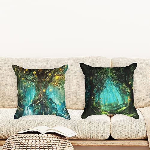 Ulticool - Kissenhülle - Märchen Elfenbaum Magie Wälder Natur - Set von 2 Motiven – 45 cm x 45 cm - Dekokissen ohne Füllung - Kissenbezug Zubehör für Sofa/Bett - Grün