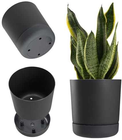 KADAX Maceta con posavasos, maceta de plástico, maceta minimalista, maceta decorativa para flores, cactus y hierbas (17 cm, antracita)